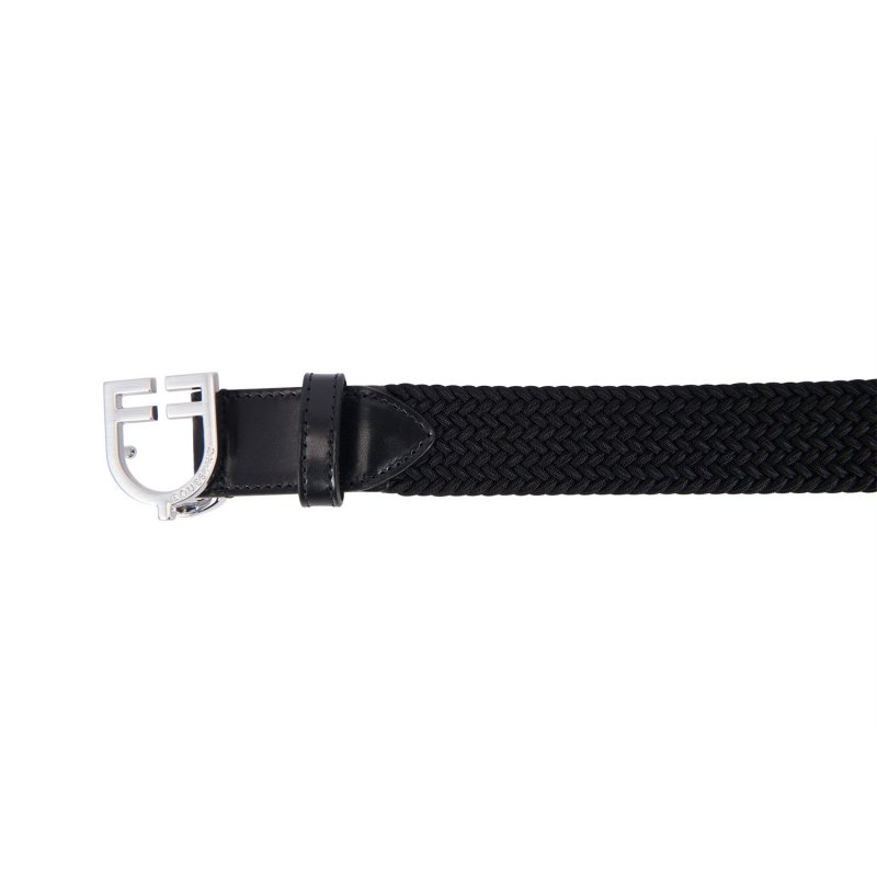 Equestro Cintura in cuoio con elastico e logo a fibbia - Nero
