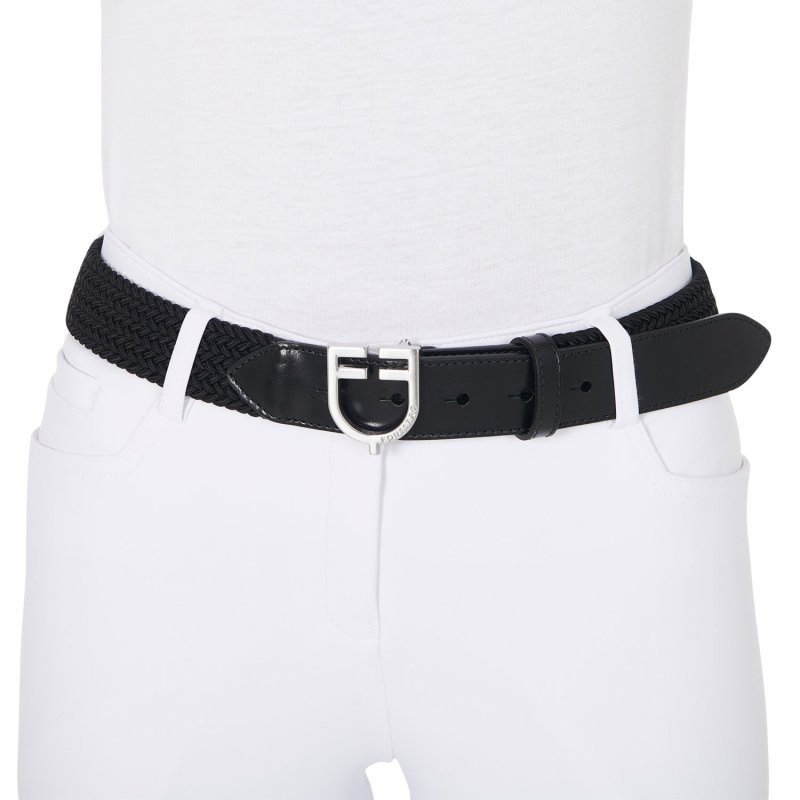 Equestro Cintura in cuoio con elastico e logo a fibbia - Nero