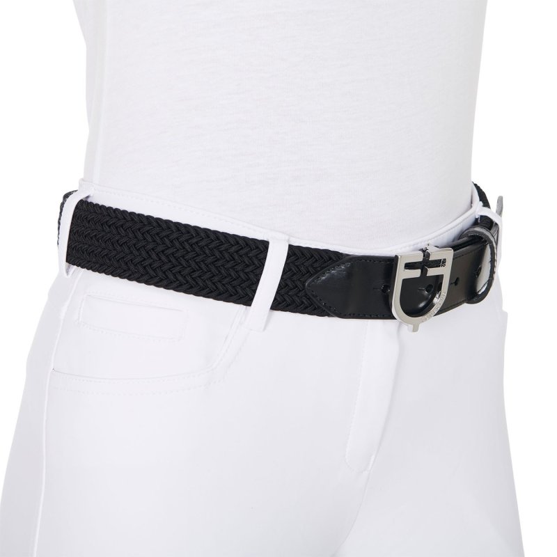 Equestro Cintura in cuoio con elastico e logo a fibbia - Nero