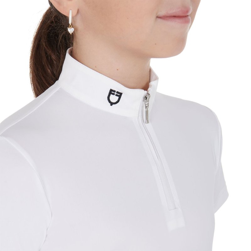 Equestro Polo bambina da concorso slim fit con zip - Bianco