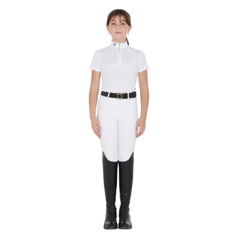 Equestro Polo bambina da concorso slim fit con zip - Bianco