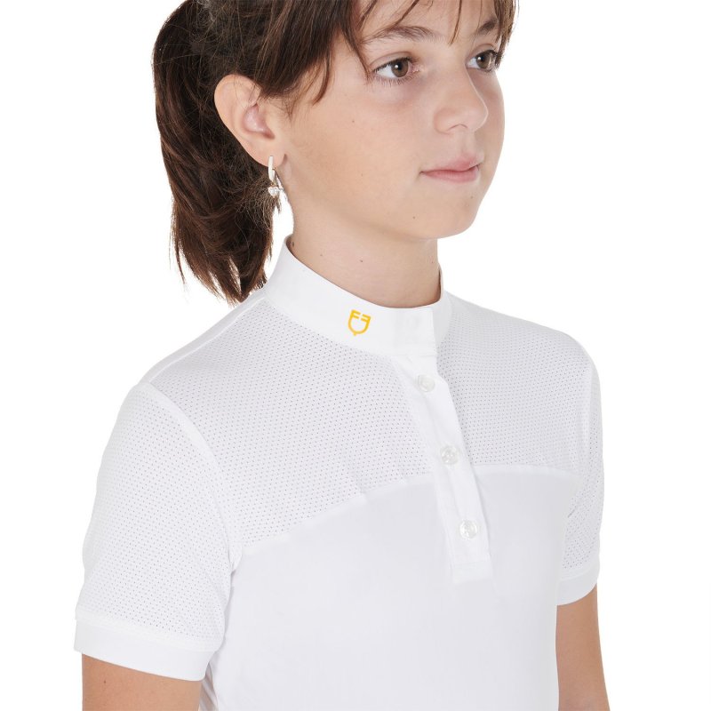 Equestro Polo bambina da concorso slim fit tessuto traforato - Bianco