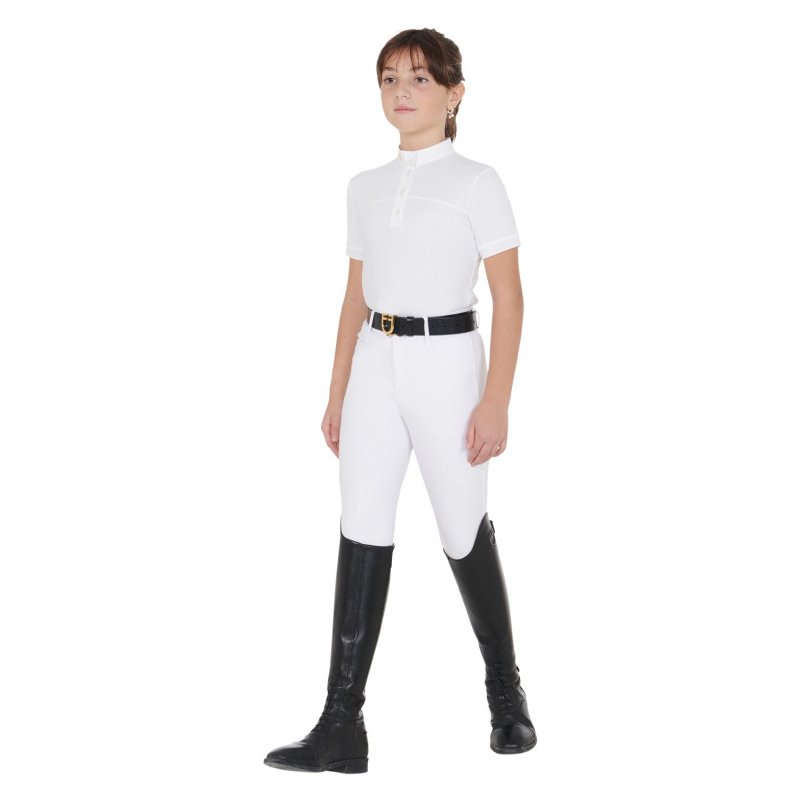 Equestro Polo bambina da concorso slim fit tessuto traforato - Bianco