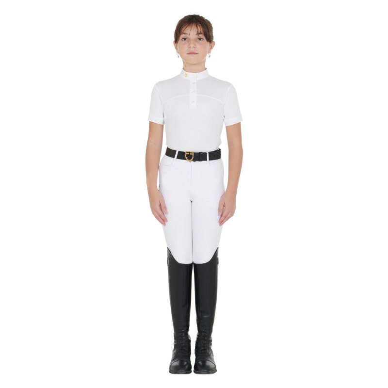 Equestro Polo bambina da concorso slim fit tessuto traforato - Bianco