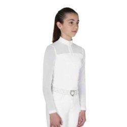 Equestro Polo concorso bambina manica lunga con inserti in micro mesh - Bianco