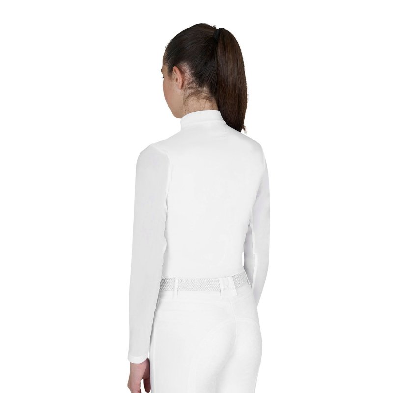 Equestro Polo concorso bambina manica lunga con inserti in micro mesh - Bianco