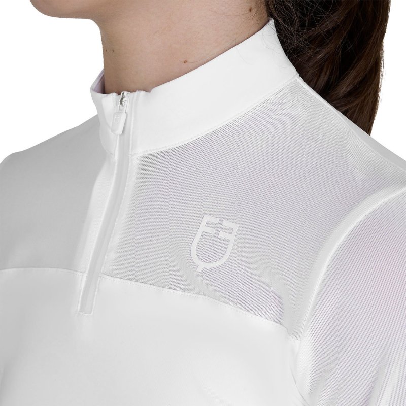 Equestro Polo concorso bambina manica lunga con inserti in micro mesh - Bianco