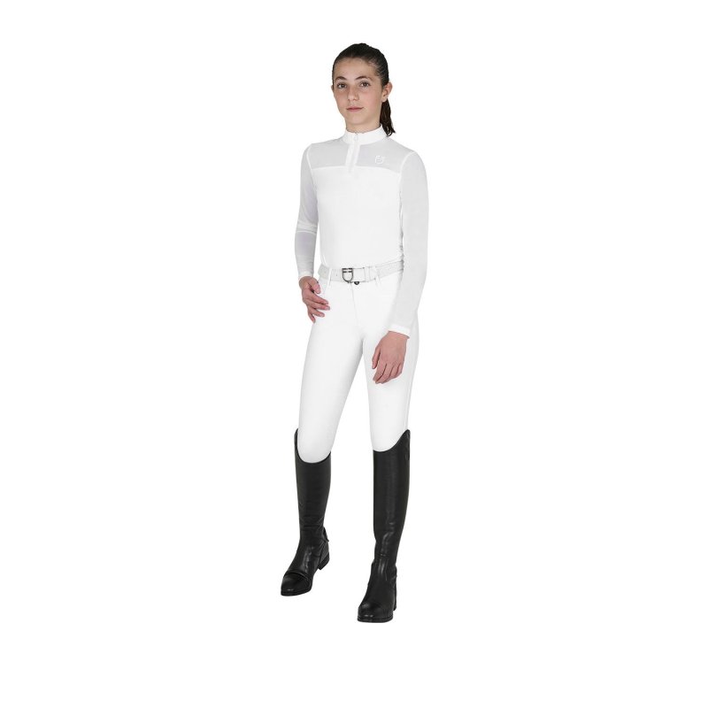 Equestro Polo concorso bambina manica lunga con inserti in micro mesh - Bianco
