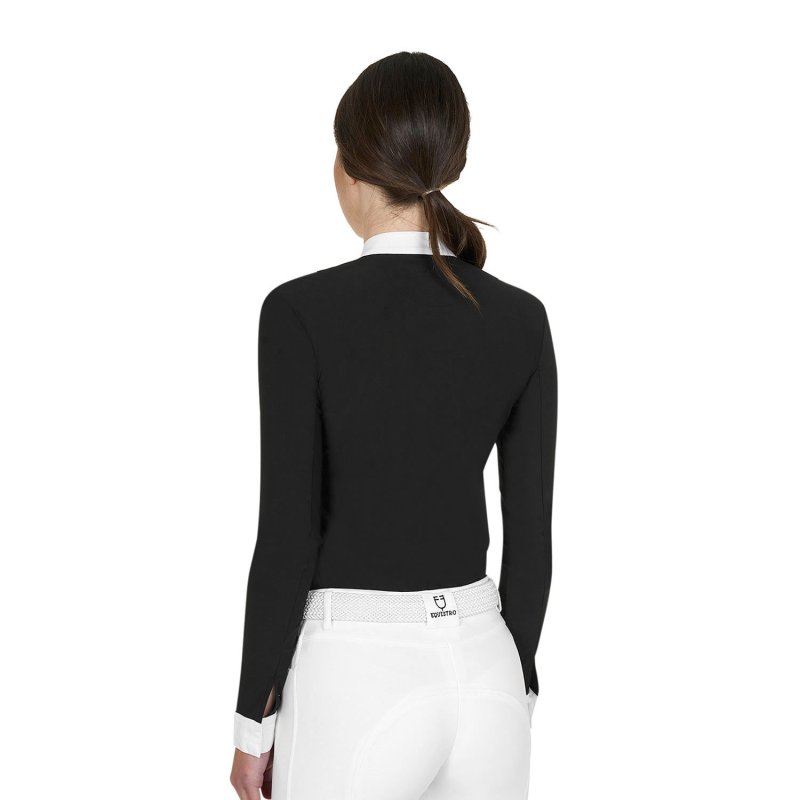 Equestro Polo donna concorso a maniche lunghe e zip - Nero