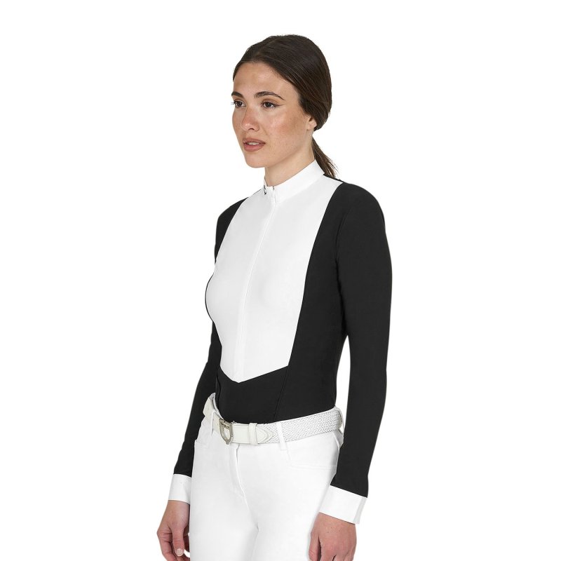 Equestro Polo donna concorso a maniche lunghe e zip - Nero