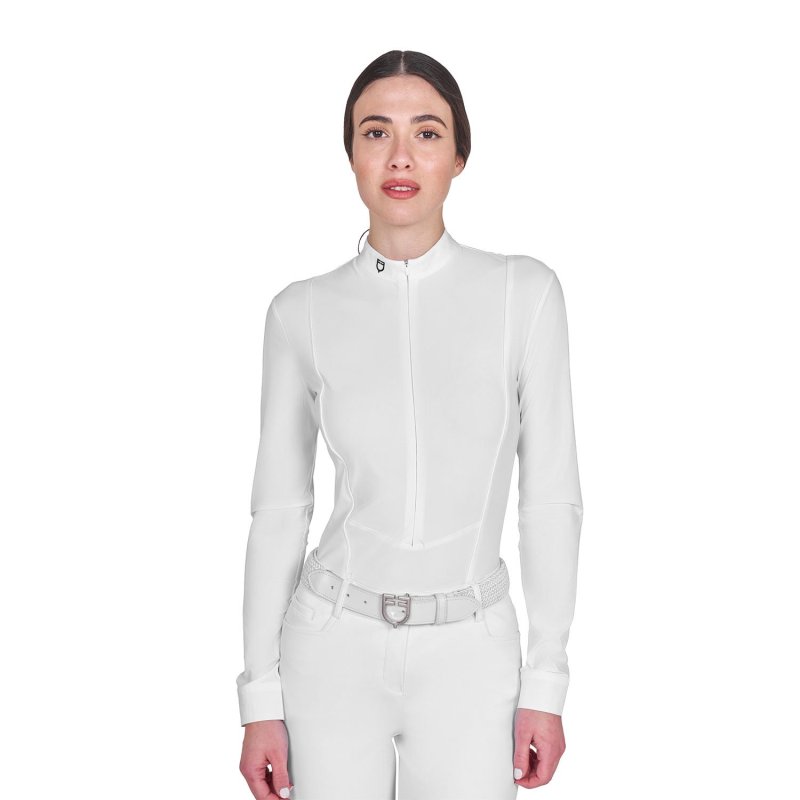 Equestro Polo donna concorso a maniche lunghe e zip - Bianco