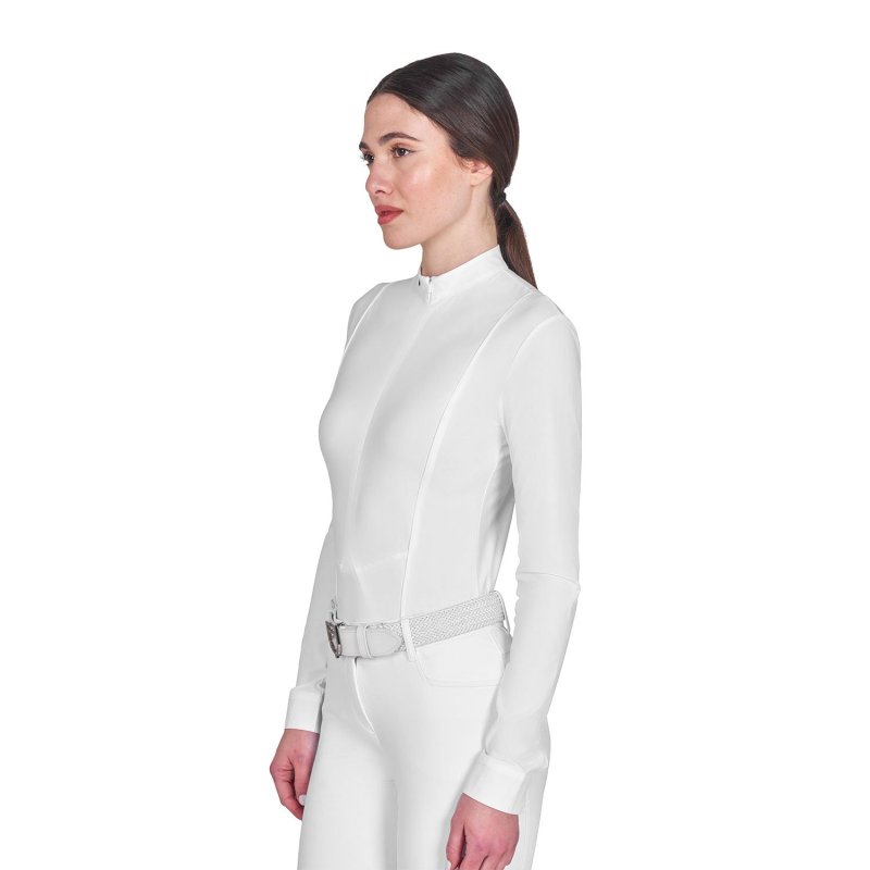 Equestro Polo donna concorso a maniche lunghe e zip - Bianco