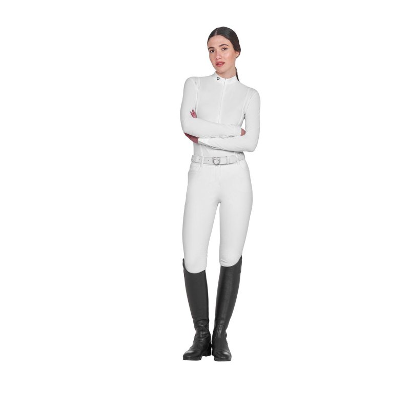 Equestro Polo donna concorso a maniche lunghe e zip - Bianco