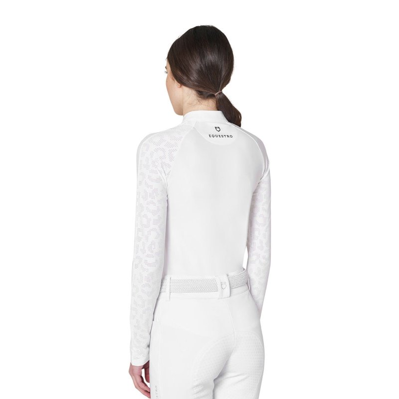 Equestro Polo donna slim fit da concorso con inserti mesh leopardati - Bianco