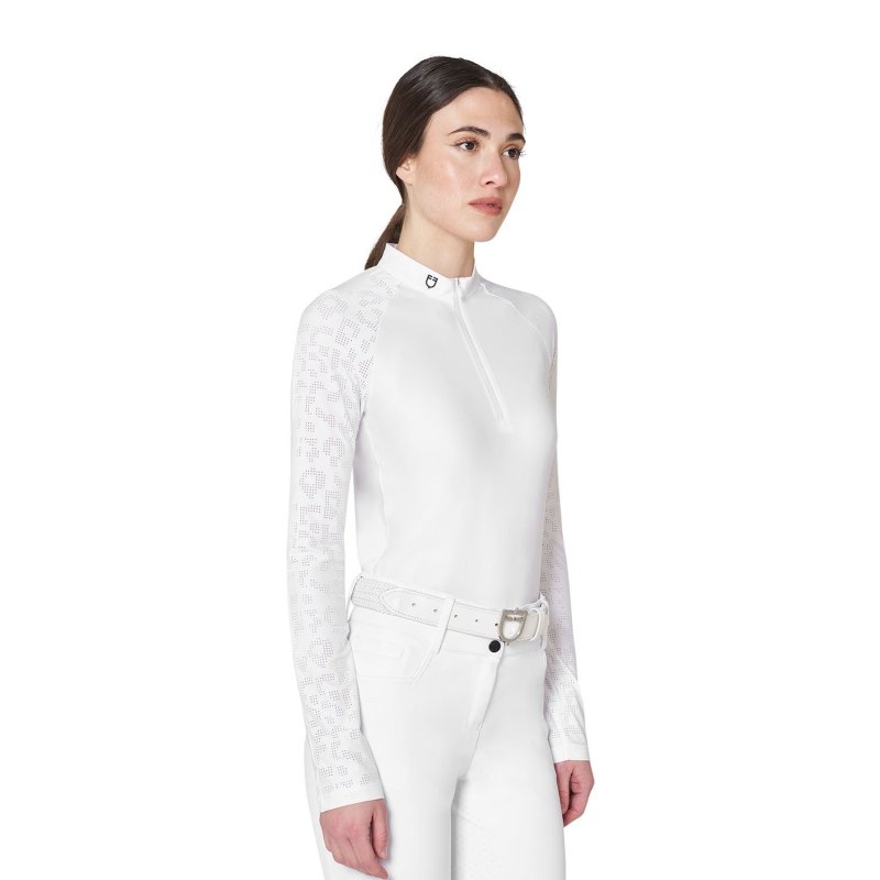 Equestro Polo donna slim fit da concorso con inserti mesh leopardati - Bianco