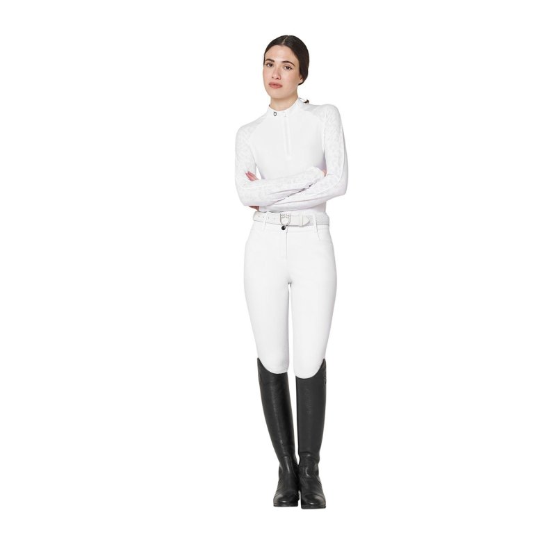 Equestro Polo donna slim fit da concorso con inserti mesh leopardati - Bianco