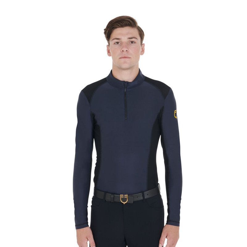 Equestro Polo uomo slim fit da allenamento a manica lunga - Blu navy