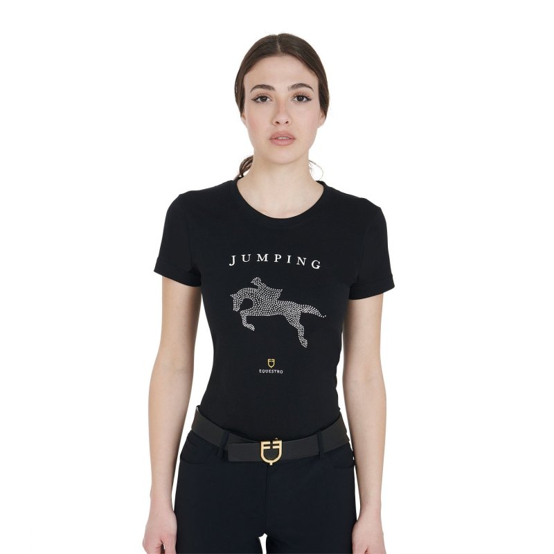 Equestro T-shirt donna slim fit disegno salto con strass - Nero