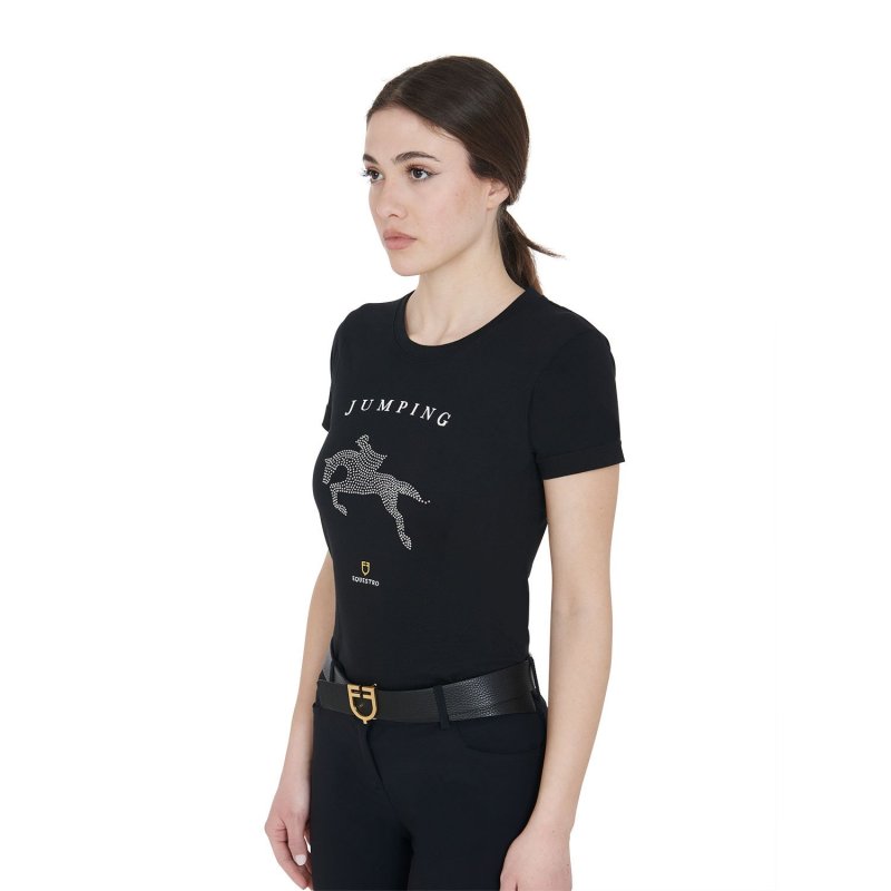Equestro T-shirt donna slim fit disegno salto con strass - Nero