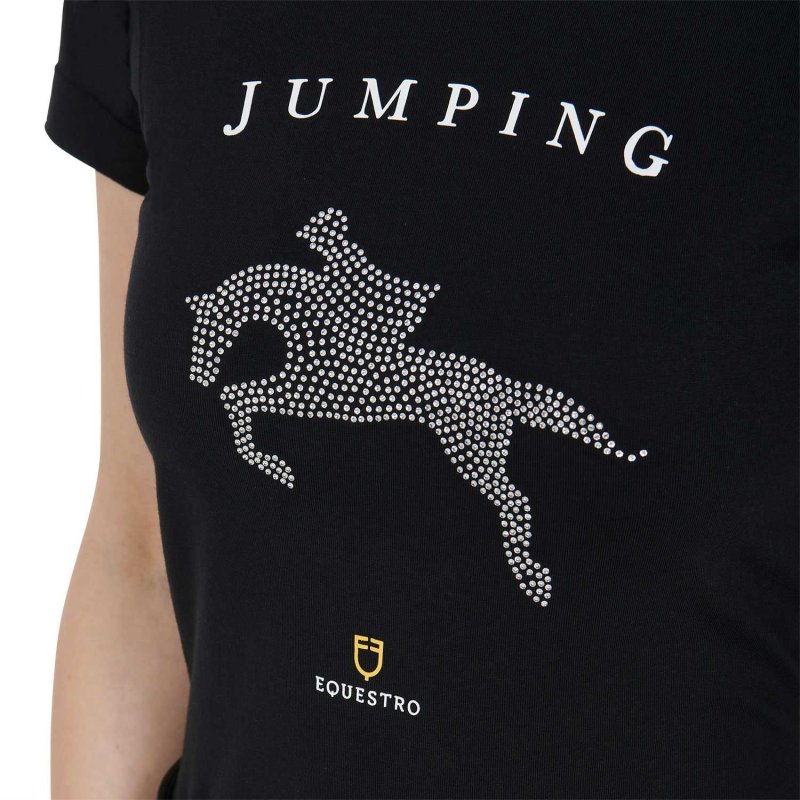 Equestro T-shirt donna slim fit disegno salto con strass - Nero