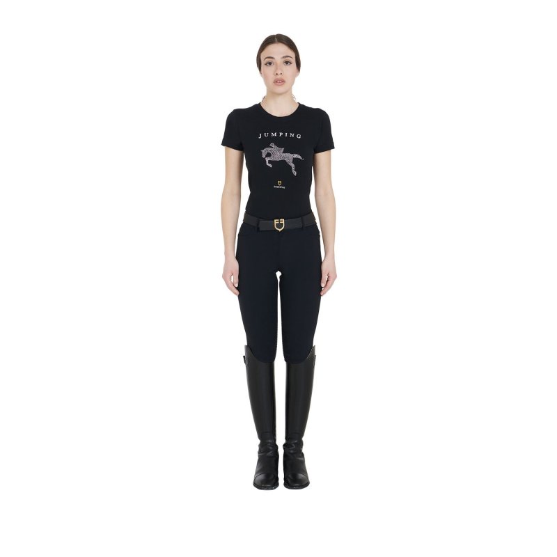 Equestro T-shirt donna slim fit disegno salto con strass - Nero