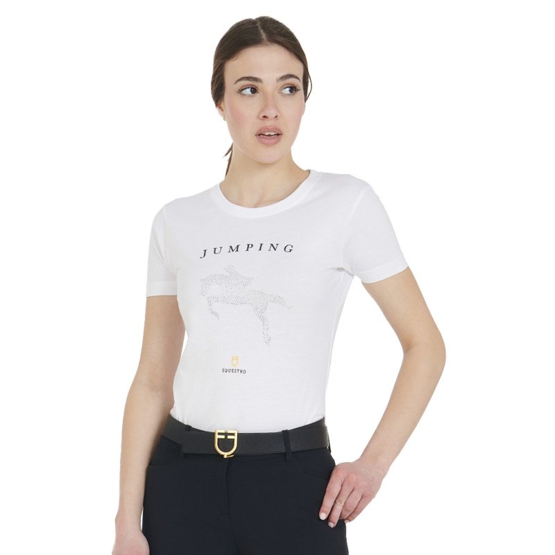 Equestro T-shirt donna slim fit disegno salto con strass - Bianco
