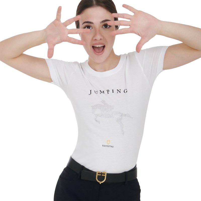 Equestro T-shirt donna slim fit disegno salto con strass - Bianco