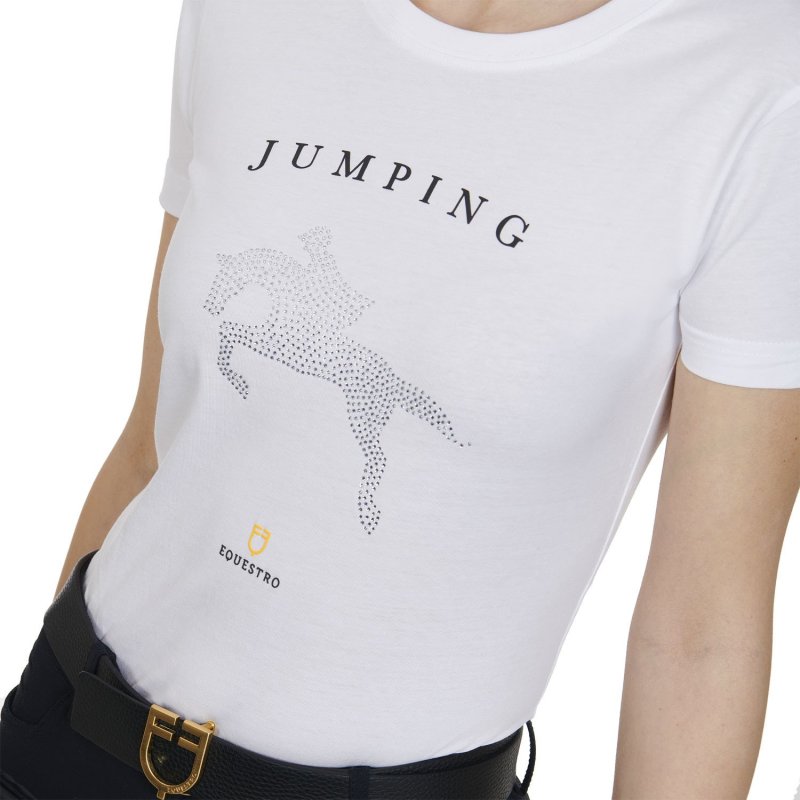 Equestro T-shirt donna slim fit disegno salto con strass - Bianco