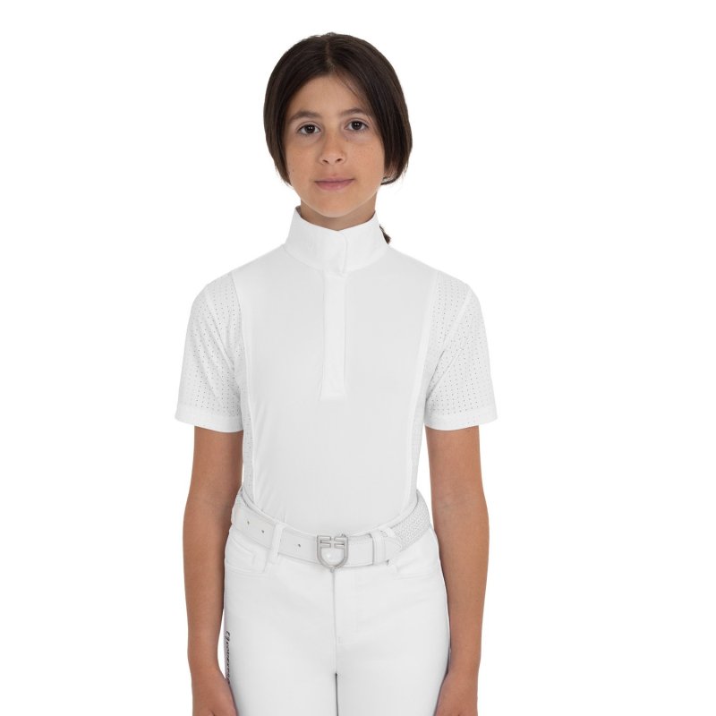 Equestro Polo da concorso bambina a manica corta con inserti mesh Bianco
