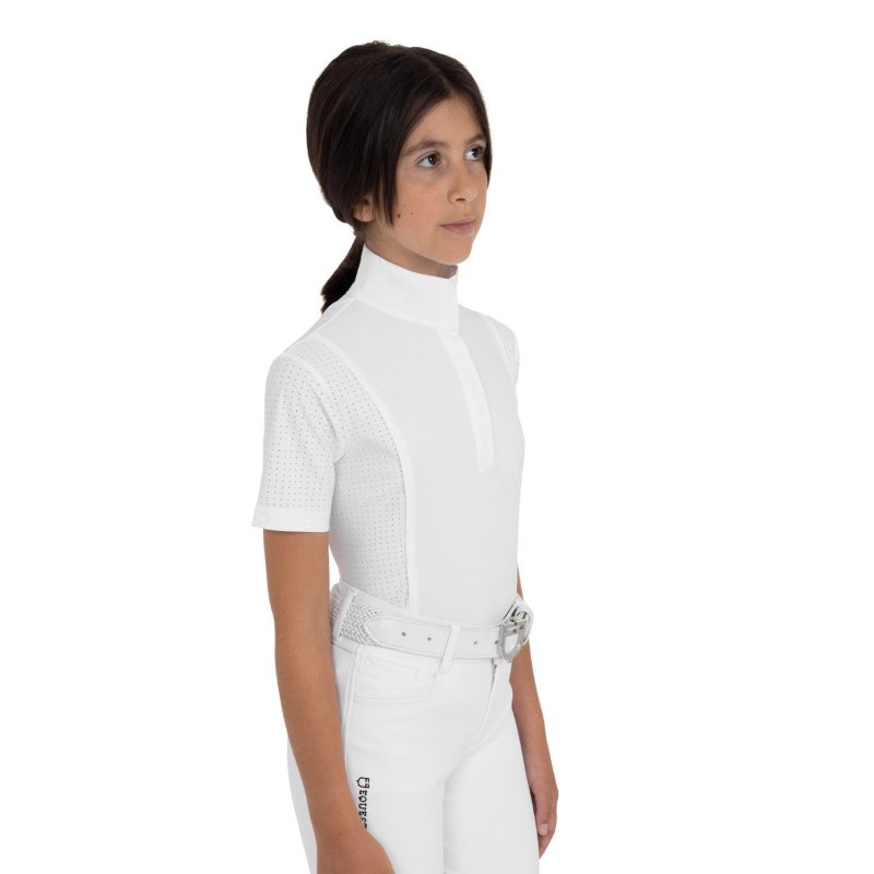 Equestro Polo da concorso bambina a manica corta con inserti mesh Bianco