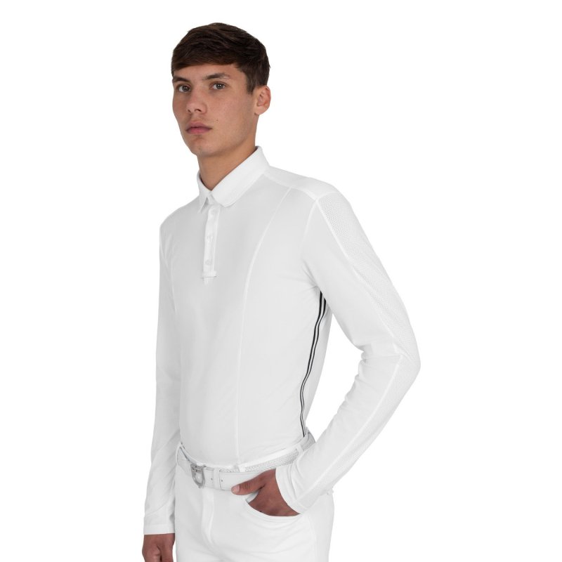 Equestro Polo da concorso uomo con inserti in mesh e a costine Bianco