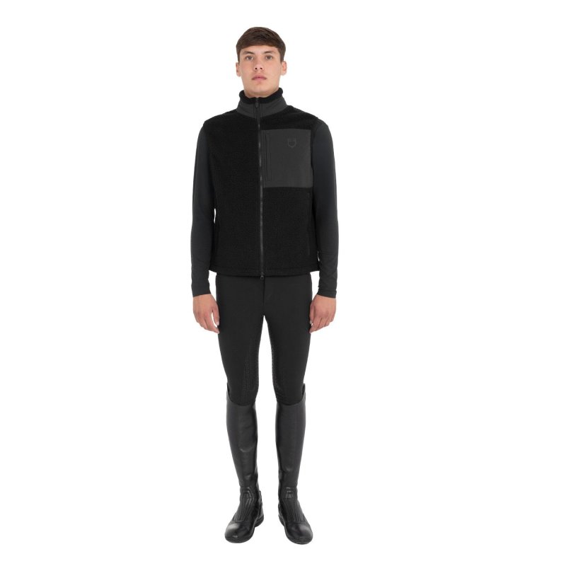 Equestro Smanicato uomo in pile teddy con tasca frontale Nero
