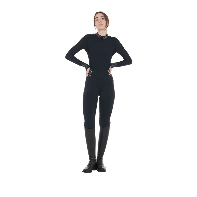 Equestro Polo tecnica donna da allenamento con strass Nero