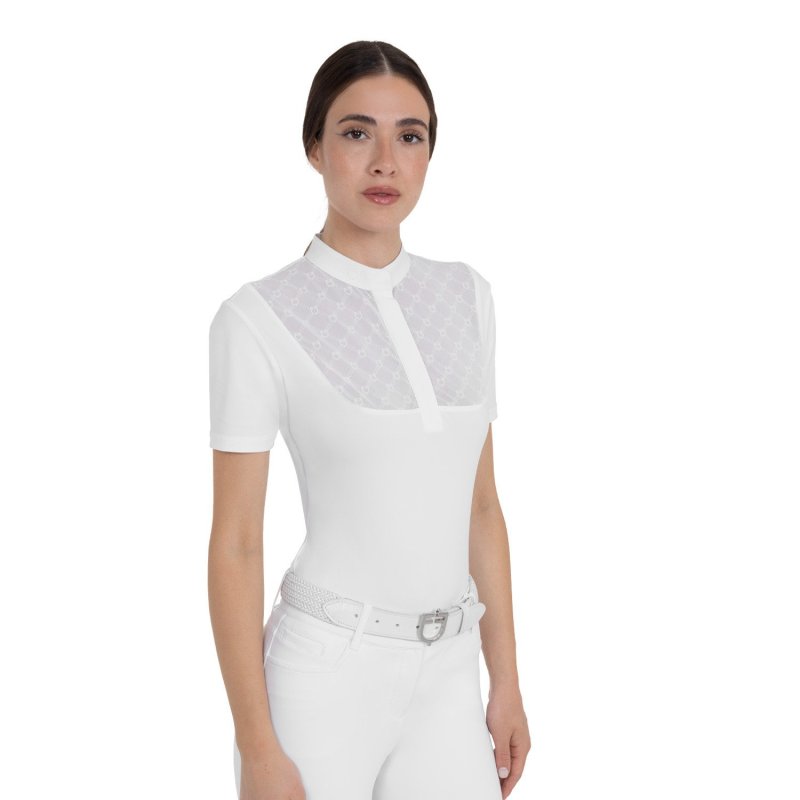 Equestro Polo da concorso donna con inserti in tulle Bianco