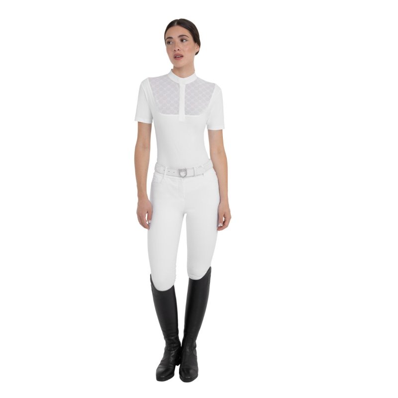 Equestro Polo da concorso donna con inserti in tulle Bianco