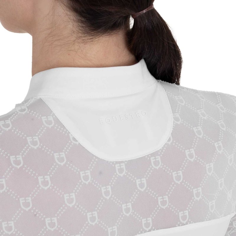Equestro Polo da concorso donna maniche lunghe con tulle Bianco