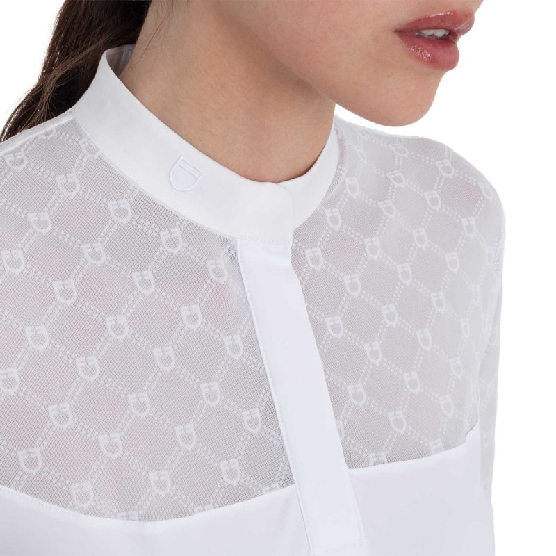 Equestro Polo da concorso donna maniche lunghe con tulle Bianco