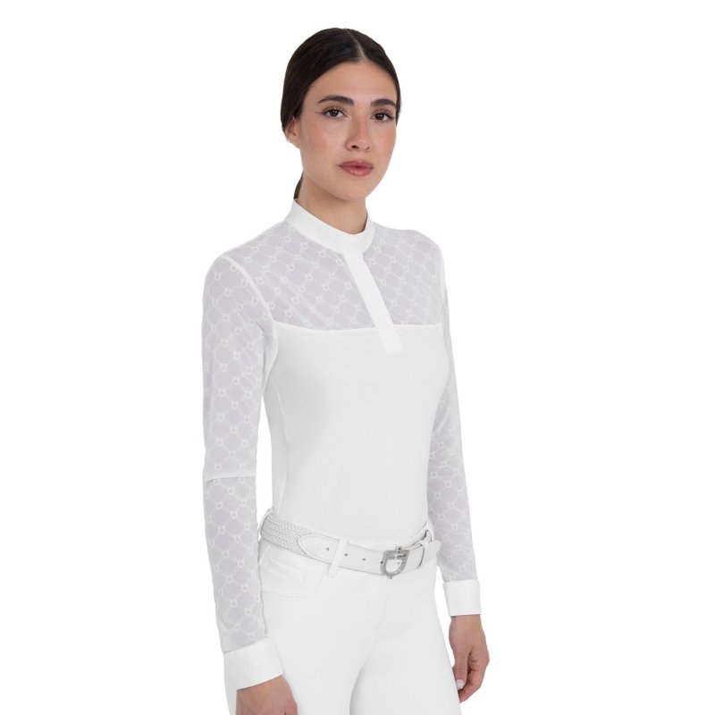 Equestro Polo da concorso donna maniche lunghe con tulle Bianco