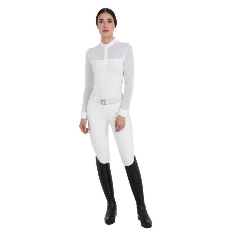 Equestro Polo da concorso donna maniche lunghe con tulle Bianco