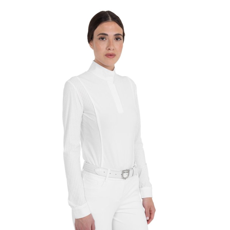 Equestro Polo da concorso donna maniche lunghe traforata Bianco