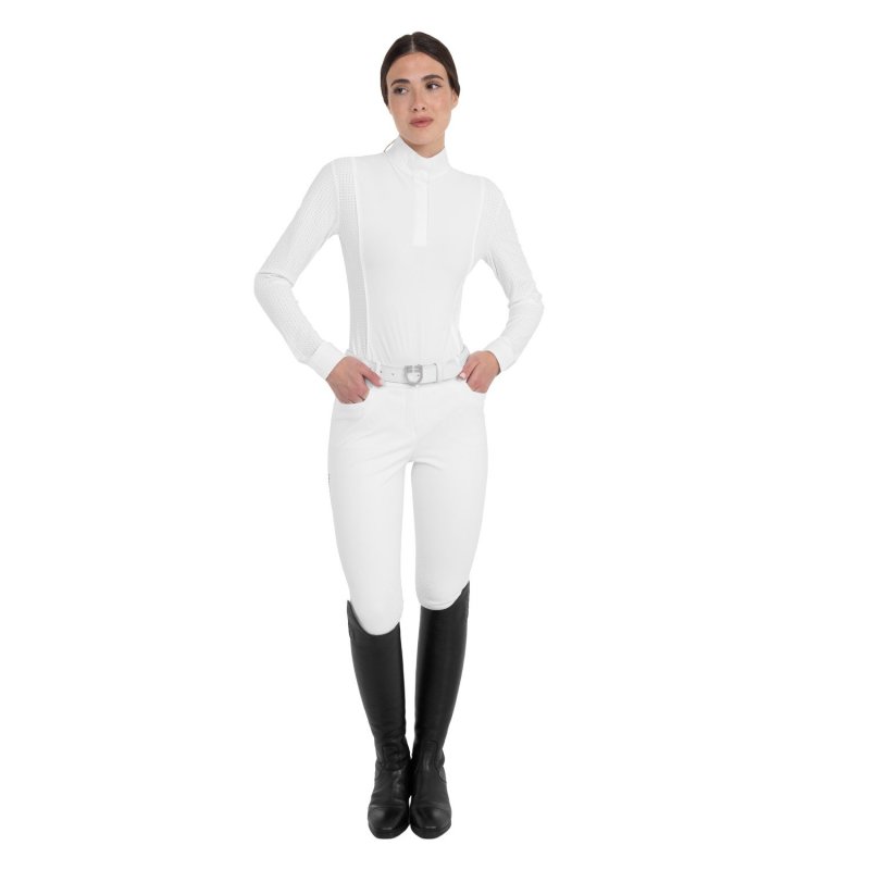 Equestro Polo da concorso donna maniche lunghe traforata Bianco