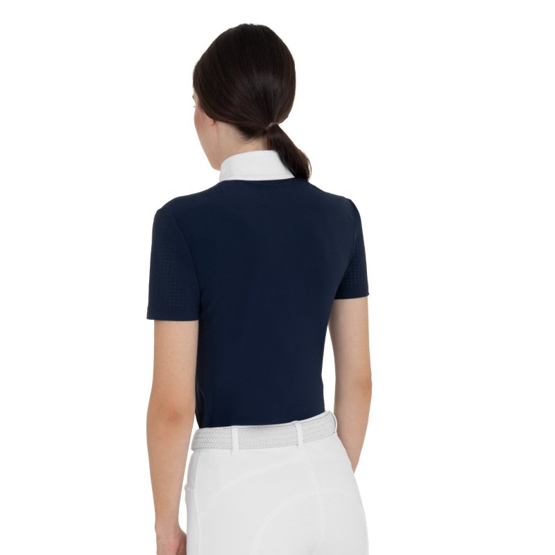 Equestro Polo da concorso donna manica corta con inserti in mesh Blu Navy