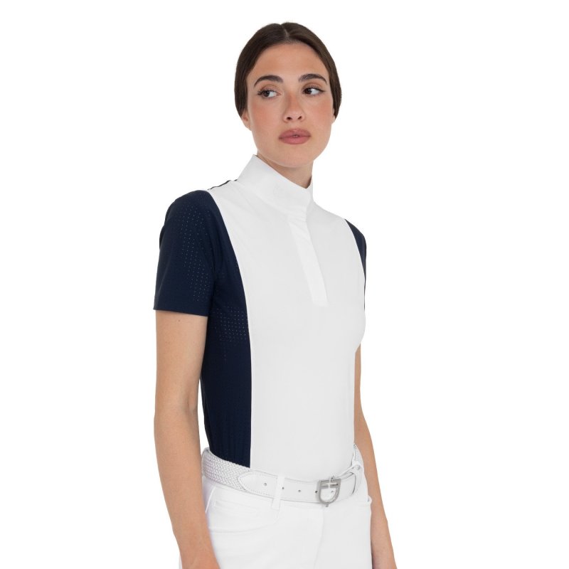 Equestro Polo da concorso donna manica corta con inserti in mesh Blu Navy