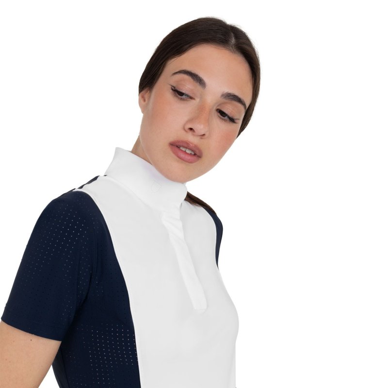 Equestro Polo da concorso donna manica corta con inserti in mesh Blu Navy