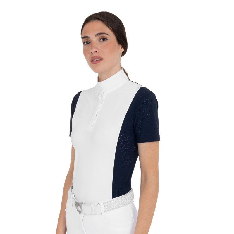 Equestro Polo da concorso donna manica corta con inserti in mesh Blu Navy