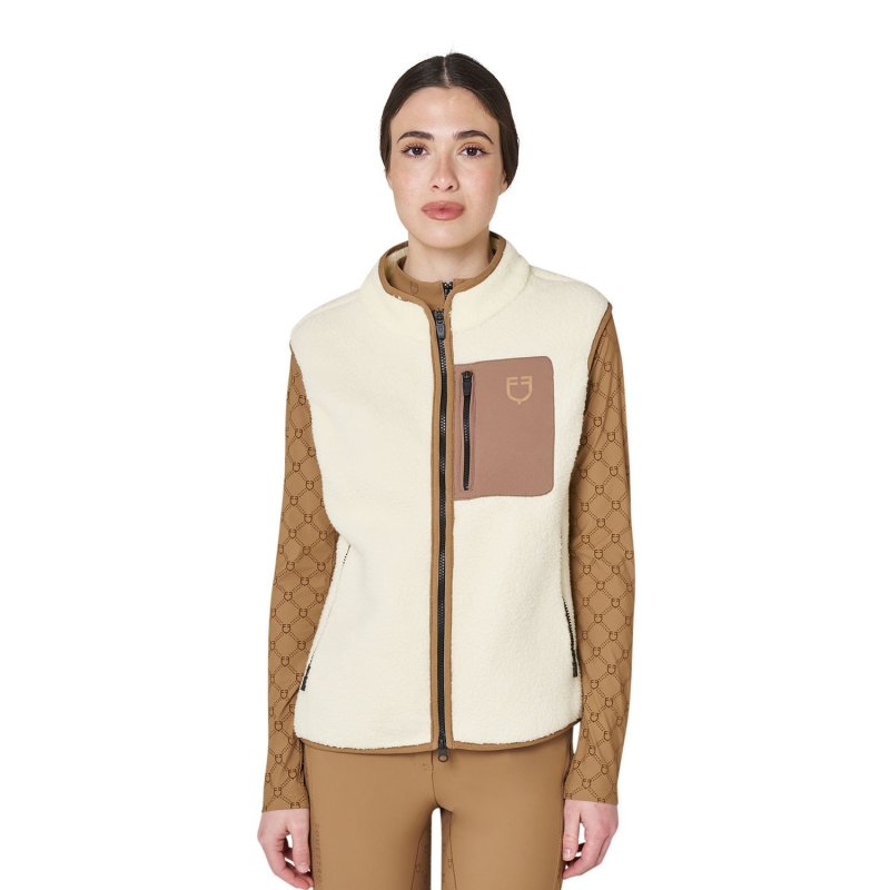 Equestro Smanicato donna in pile teddy con tasca frontale Ecru