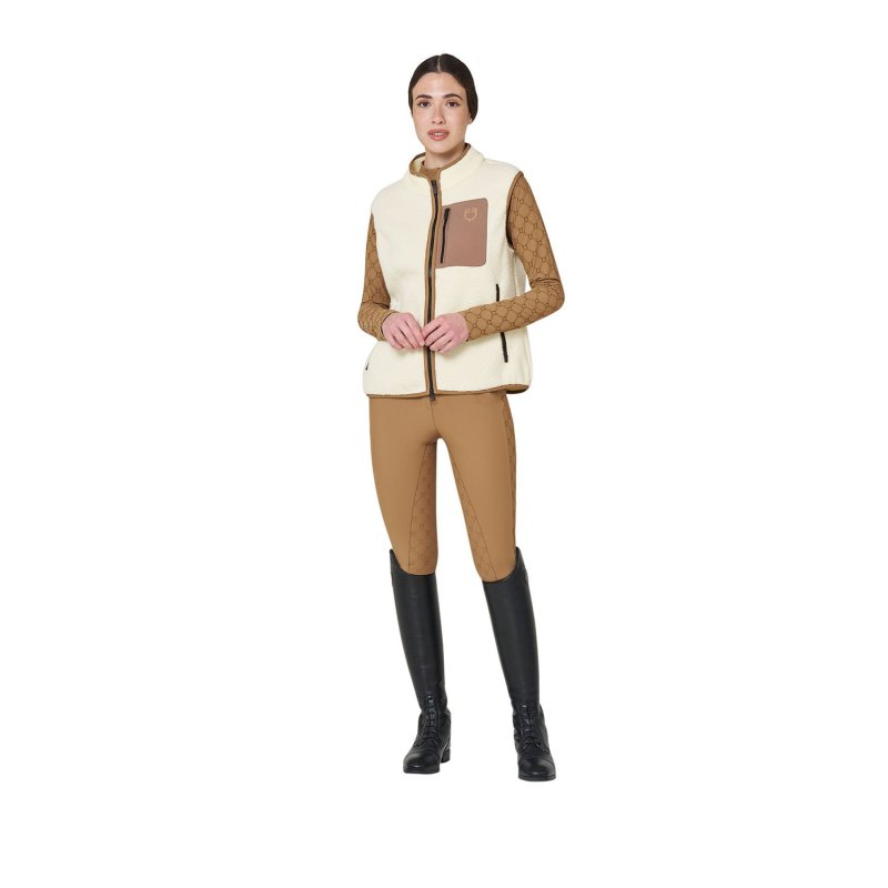 Equestro Smanicato donna in pile teddy con tasca frontale Ecru