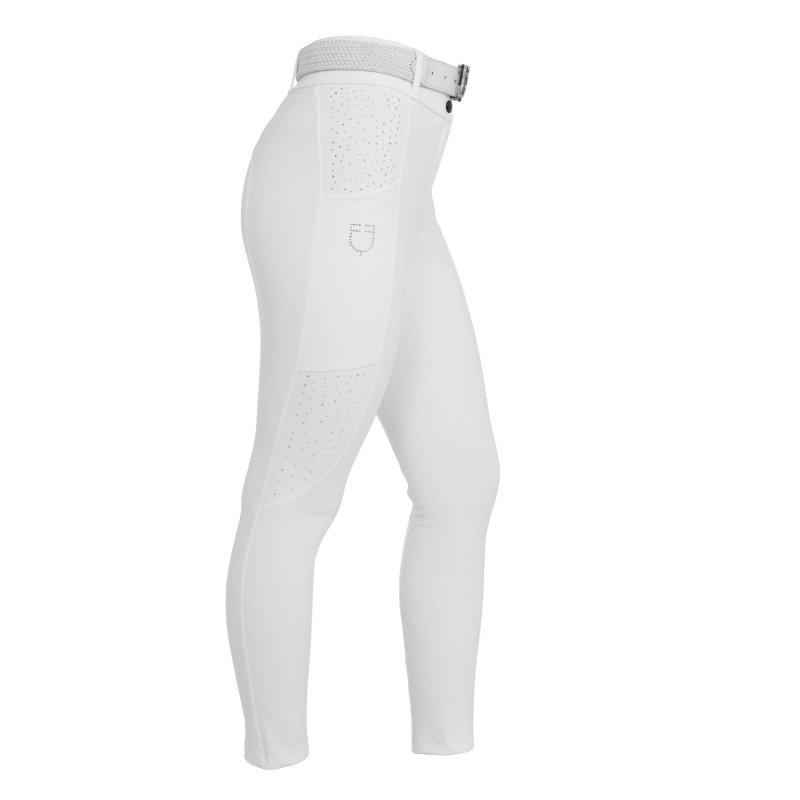 Equestro Pantaloni donna vita alta full grip con strass Bianco