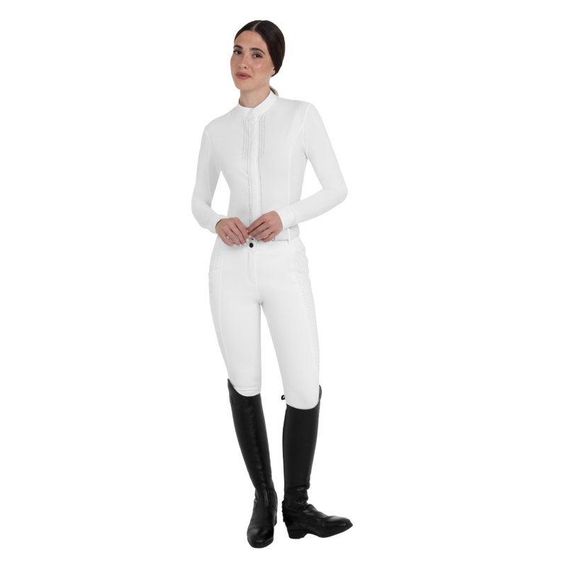 Equestro Pantaloni donna vita alta full grip con strass Bianco