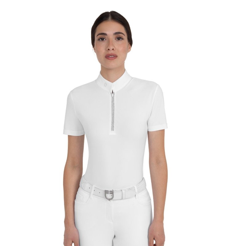 Equestro Polo da concorso donna manica corta con strass Bianco